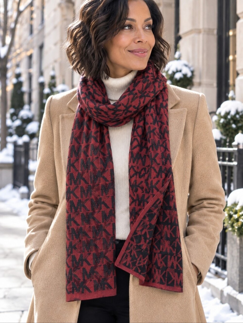 Michael Kors Reversible MK Monogram Scarf Burgundy Black Logo Knit